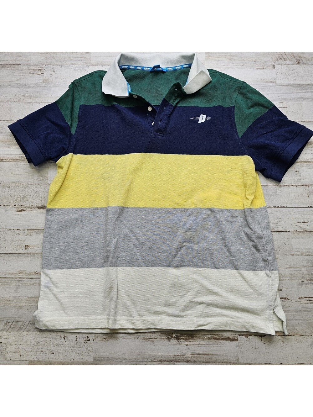 Prince Pickleball Men's Polo Shirt Green/Navy Blue/Yellow Sz L